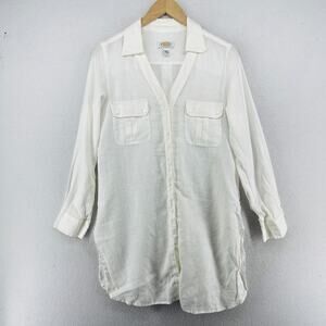 TALBOTS Shirt 12P Petite Linen Button Up Tunic Lightweight Long Sleeve White